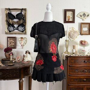 y2k witchy whimsigoth sheer black rose print top w cap sleeves and drop waist de